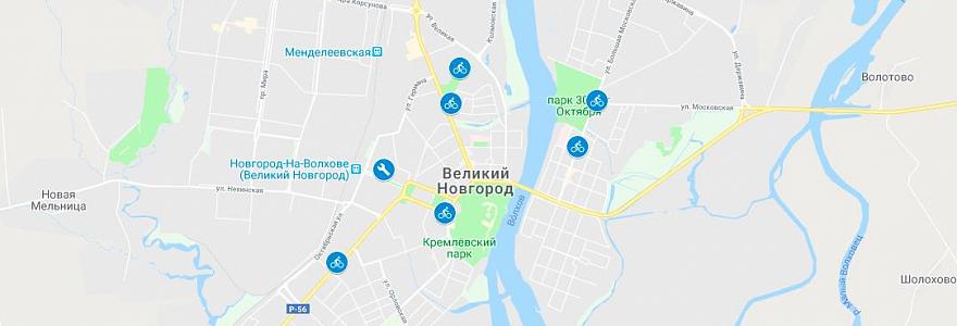 Карта энерготочек акции «На работу на велосипеде» в Великом Новгороде 17 мая 2019 году